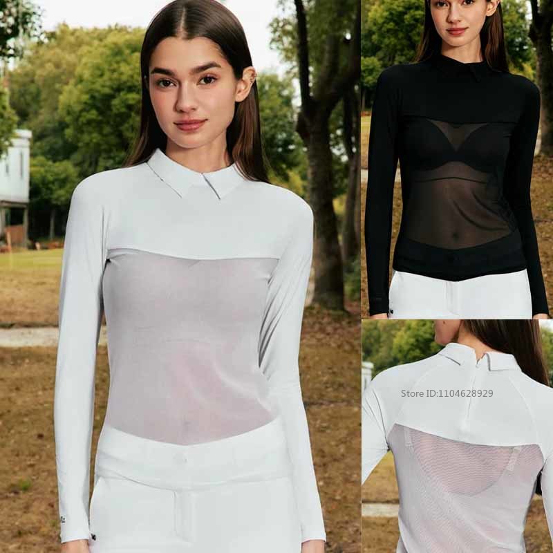 Golf Equipment Women - เสื้อยืดคอปกโปโลสำหรับผู้หญิง MG ผ้าไหมน้ำแข็ง ป้องกันแสงแดด เสื้อซับในแขนยาวตาข่ายระบายความร้อน เสื้อกีฬาฤดูร้อนสำหรับผู้หญิง