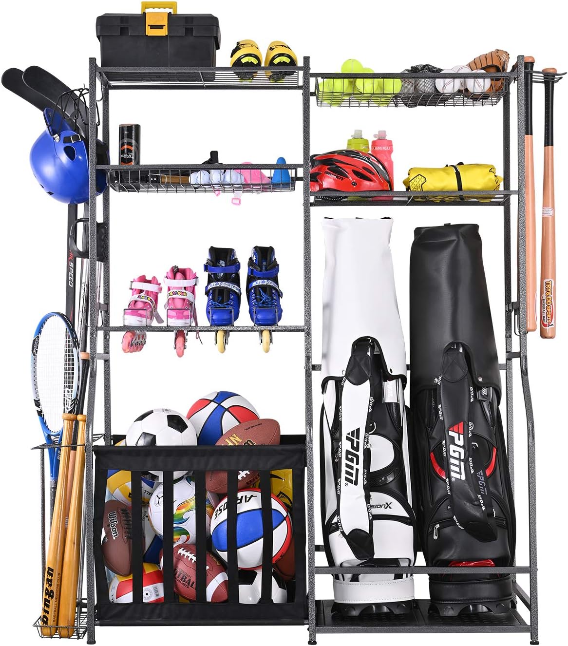 Golf Equipment Garage Storage - ชั้นวางอุปกรณ์กีฬาในโรงรถ ชั้นวางจัดเก็บถุงกอล์ฟสองใบ พร้อมโครงและช่องเก็บของ ที่เก็บลูกกอล์ฟ ชั้นวางพร้อมสายรัดยางยืด สีดำ