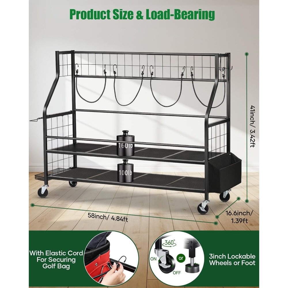 Golf Equipment Garage Storage - ชั้นวางถุงกอล์ฟแบบมีล้อ ชั้นวางอุปกรณ์จัดเก็บในโรงรถสำหรับไม้กอล์ฟ ลูกกอล์ฟ และอุปกรณ์ต่างๆ - โปรโมชั่นที่ดีที่สุด