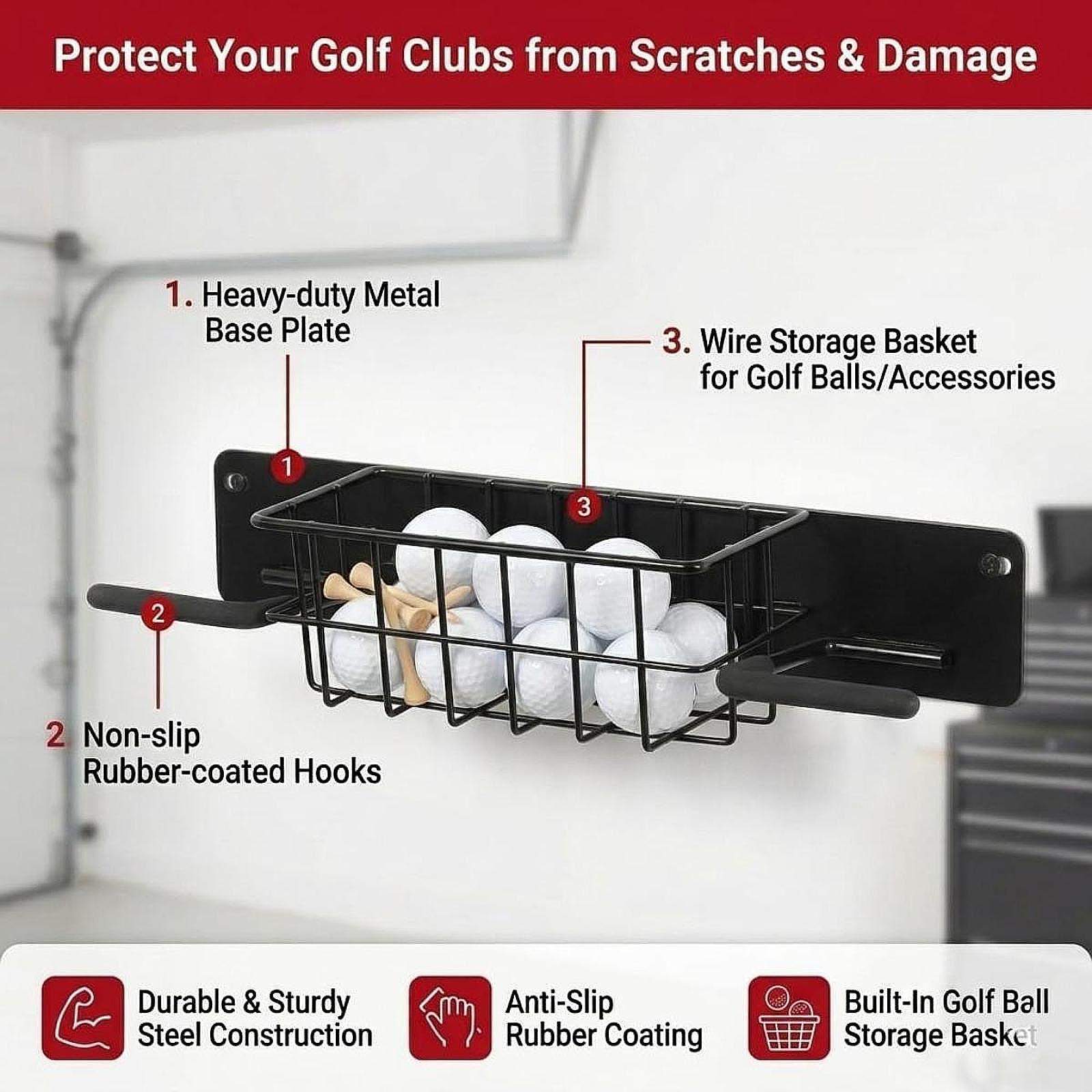 Golf Equipment Garage Storage - ชั้นวางอุปกรณ์กอล์ฟติดผนังแบบประหยัดพื้นที่ ที่แขวนกระเป๋าโลหะพร้อมตะกร้าเก็บของ ชั้นวางอเนกประสงค์สำหรับโรงรถ บ้าน และสนามกอล์ฟ