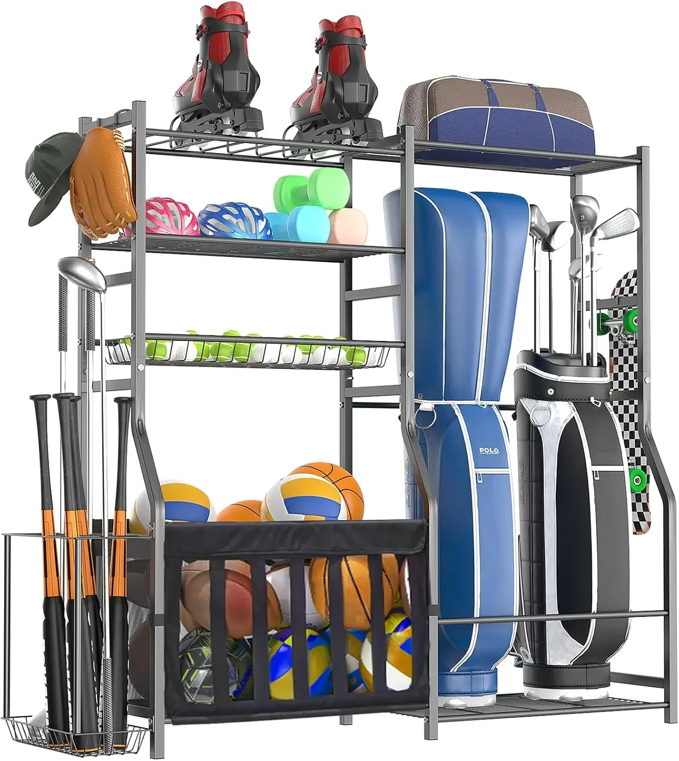 Golf Equipment Garage Storage - ชั้นวางอุปกรณ์กีฬาสำหรับโรงรถแบบแข็งแรงทนทาน ที่เก็บถุงกอล์ฟอเนกประสงค์ ที่วางลูกกีฬาหลายประเภทสำหรับบาสเก็ตบอลและไม้เบสบอล